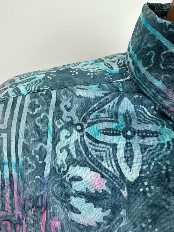 Camisa Island Republic Hombres XL Batik Hawaiana Tribal Geométrica Tie-Dye Verde azulado Algodón Foto 4 de 4