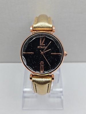 Womens Strada Rose Gold Tone Diamond Cut Bezel Watch Leather Sparkle New Battery