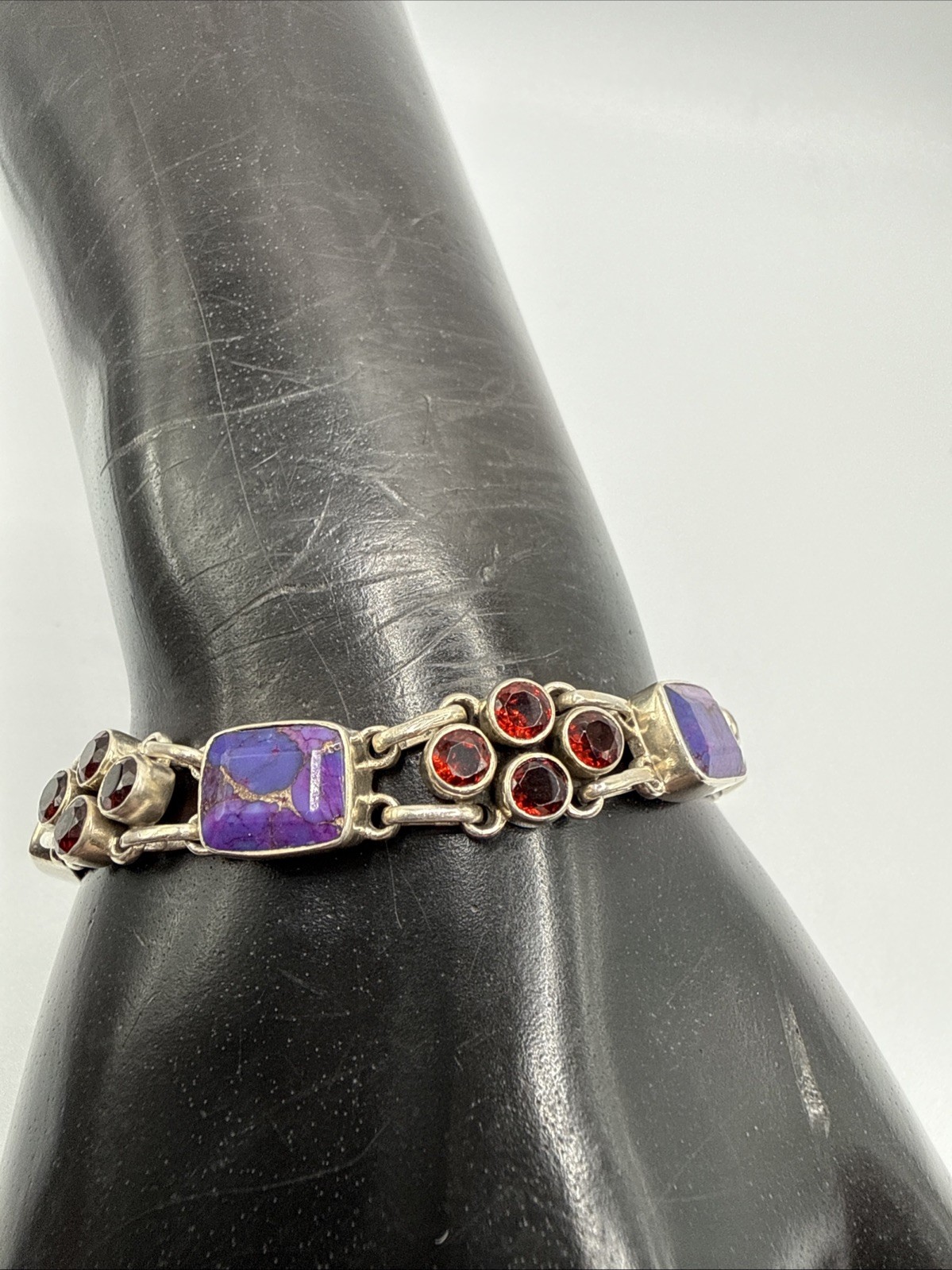 Vtg India Nb 925 Sterling Garnet & Turquoise?? Link Adj. Bracelet. 16.8 Grams.