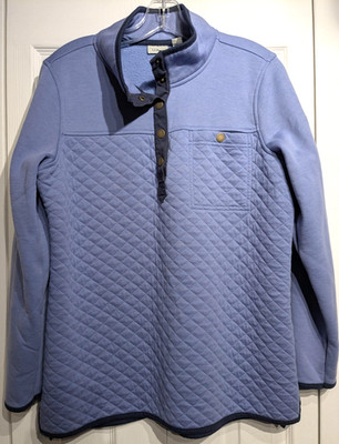 L.L.Bean Sweater Womens Large Petite Blue Quilted Snap Front Mock Neck Pullover