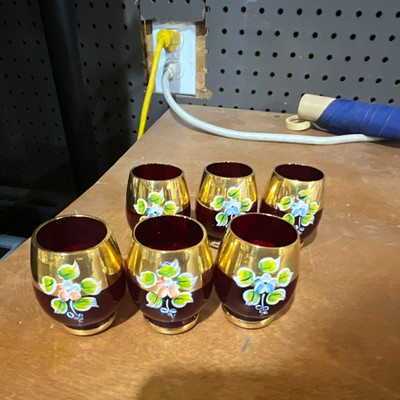 Set of 6 Vintage Bohemian Amber/Gold-Gilt Hand-Painted Enamel Brandy Sniffers