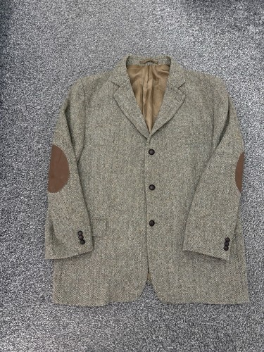 Harris Tweed Men’s Blazer Jacket Elbow Patches Brown Green Herringbone Brown 48 - Picture 3 of 14