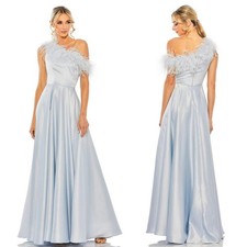 NWT Mac Duggal 11684 Asymmetrical Feather Trim A-Line Gown in Powder Blue Size 8