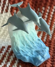 Vintage John Perry 2 White Dolphins Art Sculpture on Wave