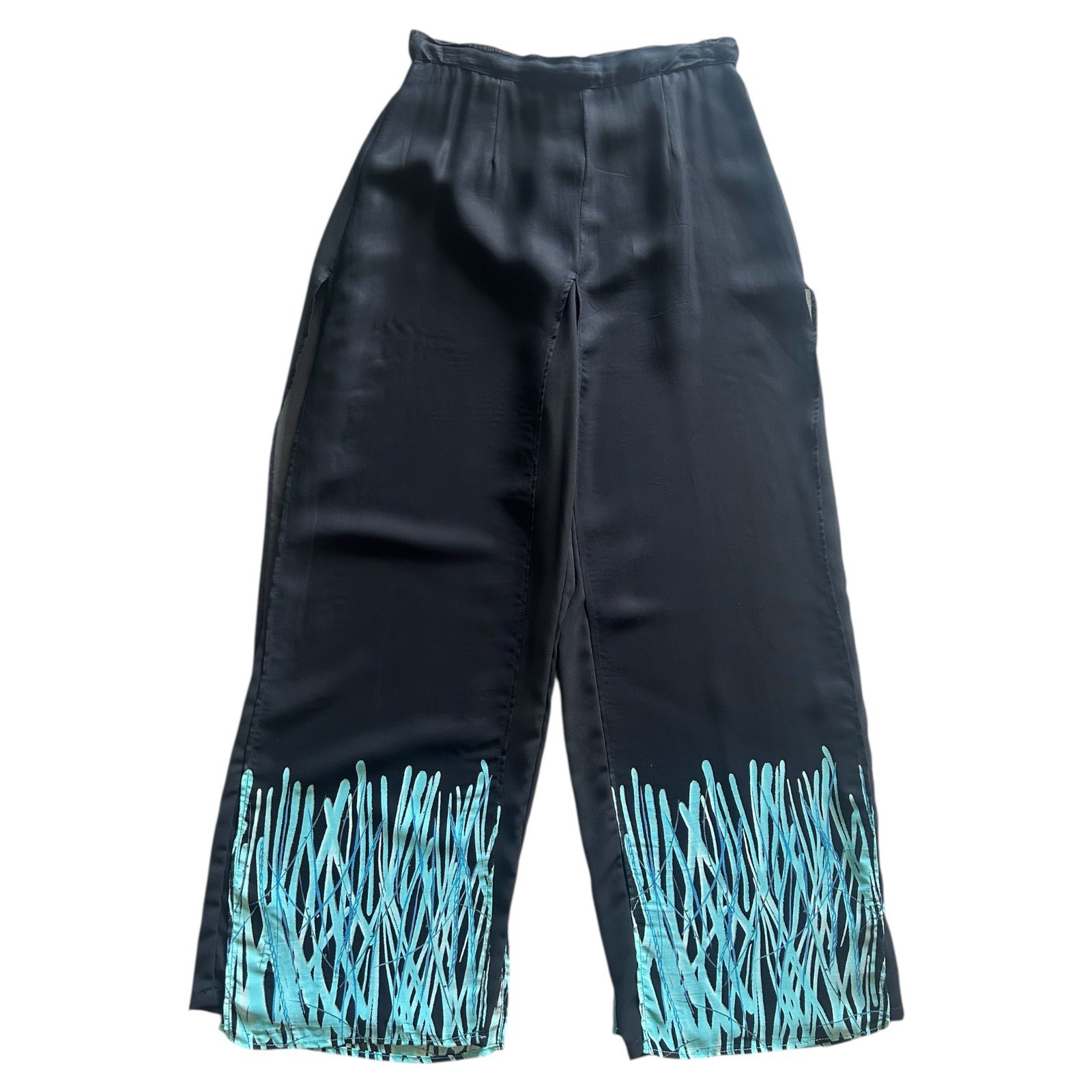 Vintage CACHE Black Aqua Chiffon Palazzo Pants Size 6 Cruise Wear
