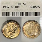 MS65 1939-D 10C Mercury Silver Dime, ANACS Soapbox- Beautifully Rainbow Toned