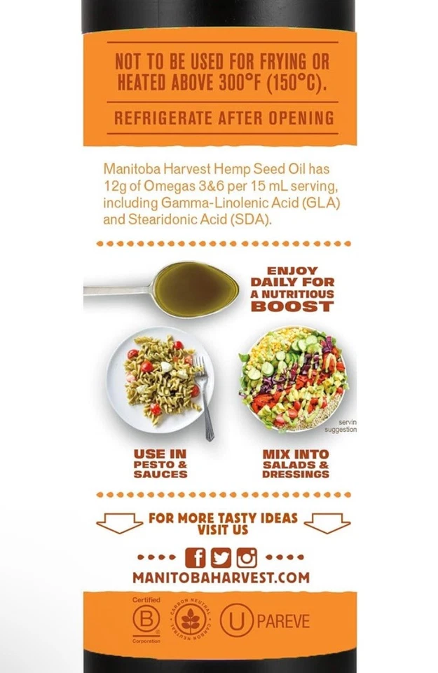 1 Hemp Seed Oil Cold Pressed Omega 3-6-9 Vegan Unrefined NONE GMO Manitoba 12 oz - Image 4 of 4