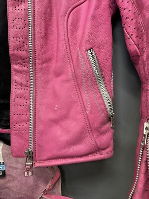 ICON Kitty Pink White Leather Jacket & Motor Cycle Chaps | Size S