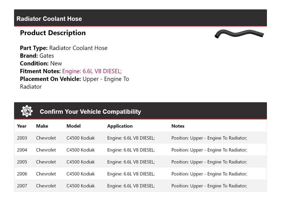 For 2003-2007 Chevrolet C4500 Kodiak Radiator Coolant Hose Gates 2004 2005 2006 - Image 2 of 4