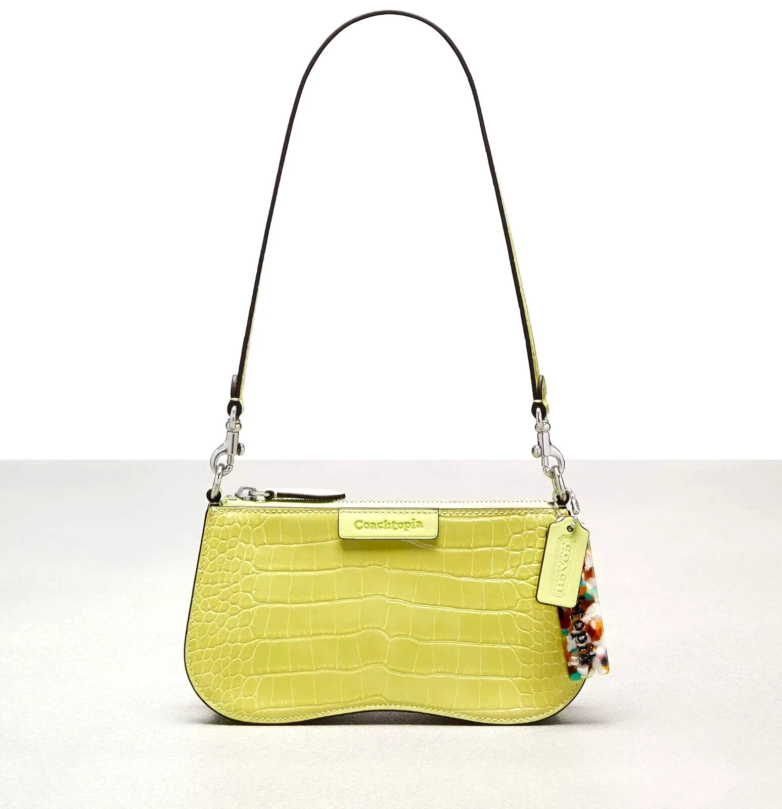 Borsa Coach ondulata baguette coccodrillo goffrata pelle coachtopia lime pallido CU871?NUOVA
