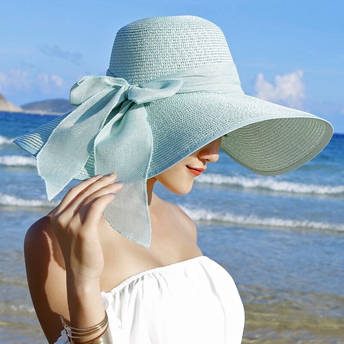 Großer Damen Sommer große breite Krempe Strohhut Schlapphut Sonne faltbar Kappe Strandhut - Bild 20 von 37
