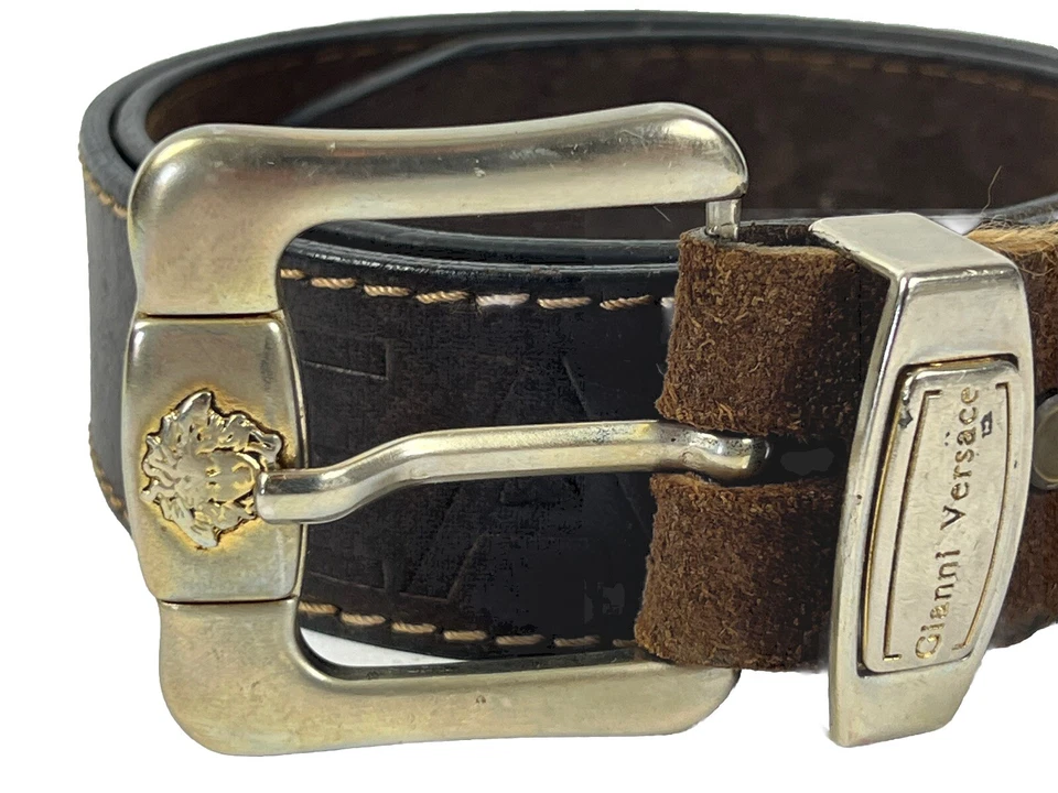 De colección Gianni Versace Cuero Marrón Plateado Medusa Hombre Cinturón y Hebilla de Cinturón Foto 2 de 4