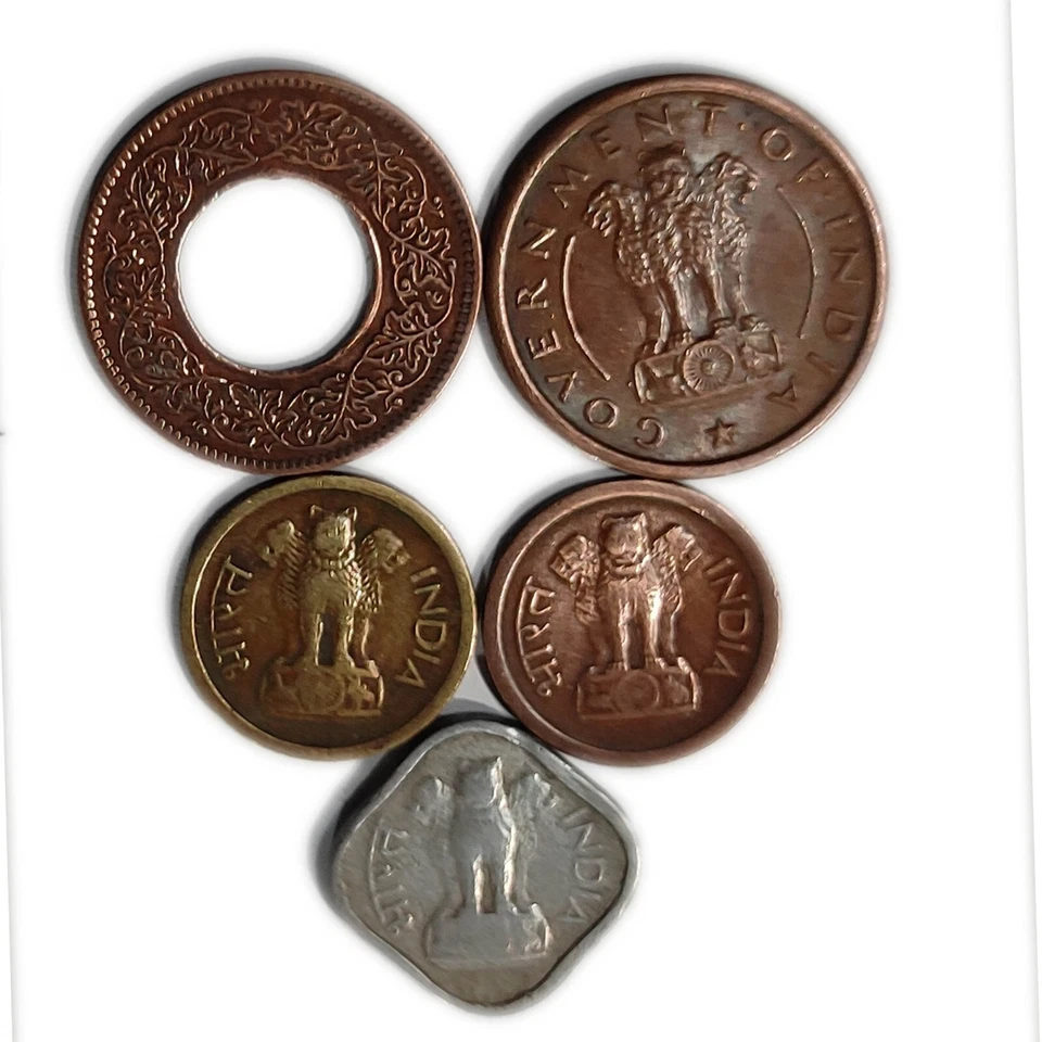 OLD INDIA 1 PAISA ( PICE ) COINS COLLECTION - BRASS, COPPER, ALUMINIUM - 5 COINS - Image 2 of 2
