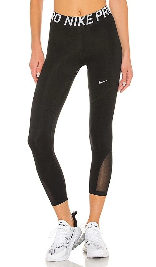 Nike Pro Mesh Logo Crop Training Tights - AO9972-010 - Black/White - XS