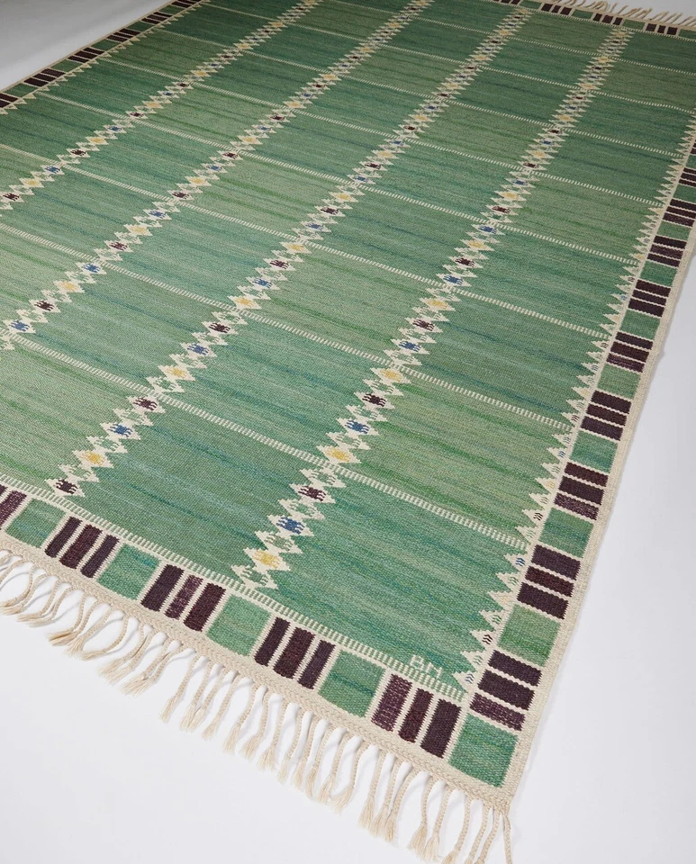 Alfombra geométrica Kilim sueca escandinava verde para sala de estar alfombra dormitorio Foto 3 de 4