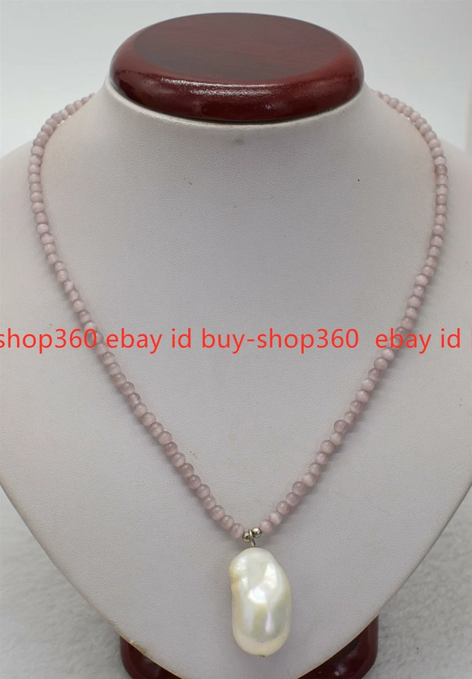 Nuevo Collar Colgante Perla Barroca Blanca Gemas Ojo de Gato Ópalo Gris Claro 4mm 20" Foto 4 de 4