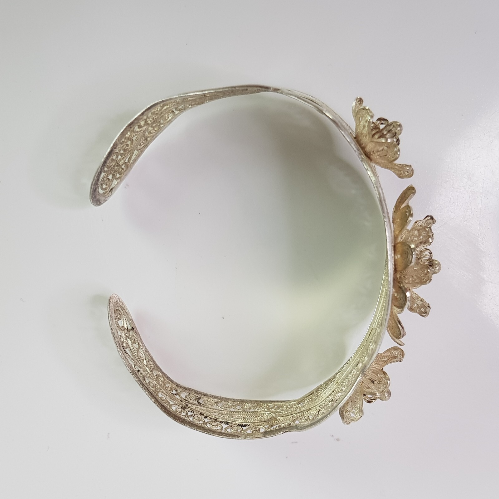 Vintage 900 Solid Silver Filigree Cuff Bangle Flo… - image 18