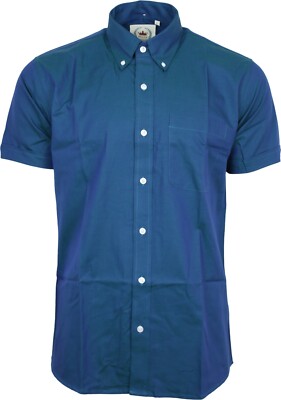 Relco Herren NEU Blau Grün Tonic Kurzarm Hemd Mod Skin Retro Indie 60er 70er