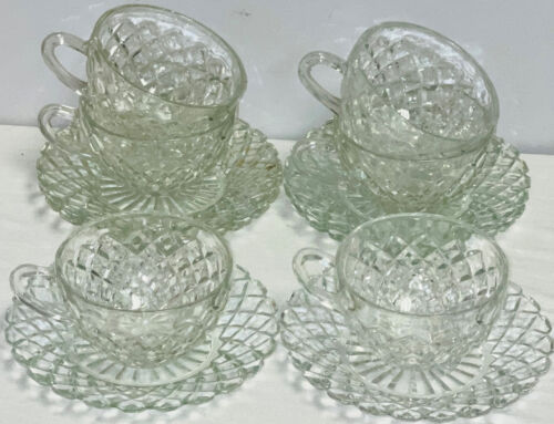 6 Hocking WATERFORD WAFFLE CRYSTAL CUPS & SAUCERS - Picture 2 of 2