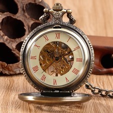 Astrolabe & Astronomical Skeleton Pocket Watch Mechanical Roman Numerals + Chain