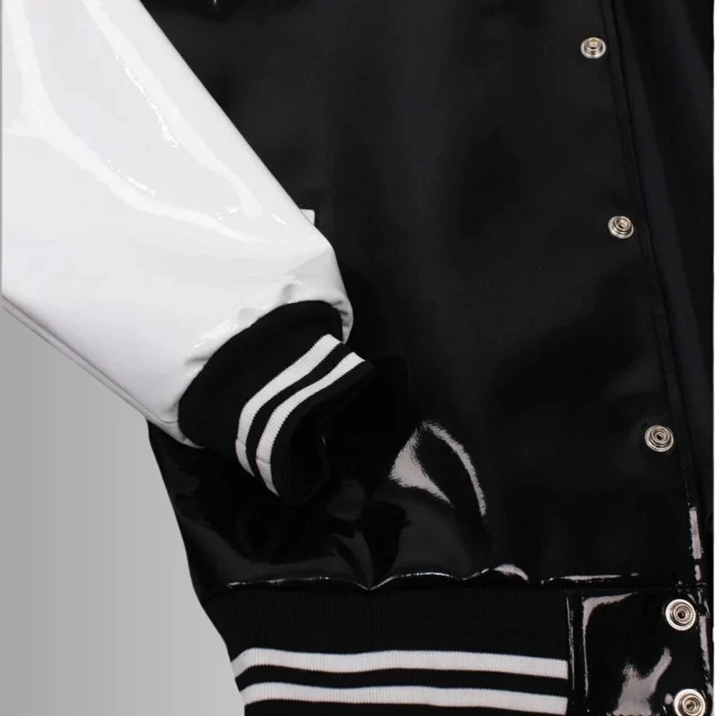 Handmade Black & White Vinyl PVC Varsity Jacket Shiny Baseball Letterman Jacket - Image 4 of 4