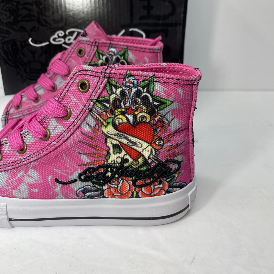 Ed Hardy Shoes Girls 11c Pink Side Skull Hi Top Sneaker Lace Up Heart NEW $65 - Image 3 of 4