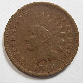 1869/9 Indian Head Cent Repunched Date 69 over 69 Liberty