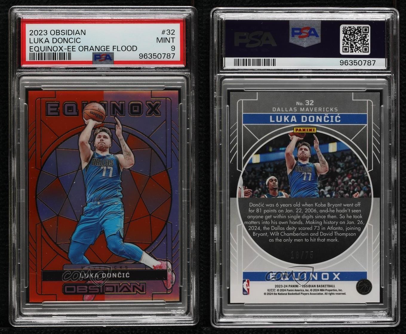 2023-24 Obsidian Equinox Electric Etch Orange Flood 18/75 Luka Doncic PSA 9 MINT view 3