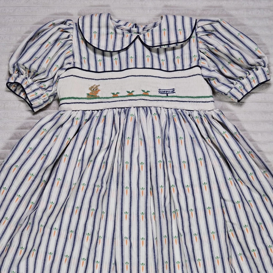 Strasburg Easter Dress Size 5 Youth White Blue Striped Carrots Bunny Smocked VTG - Image 2 of 4