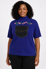 Upcycled Blue Knit Sweater, Denim Pocket,  Women’s Large, One of a kind.