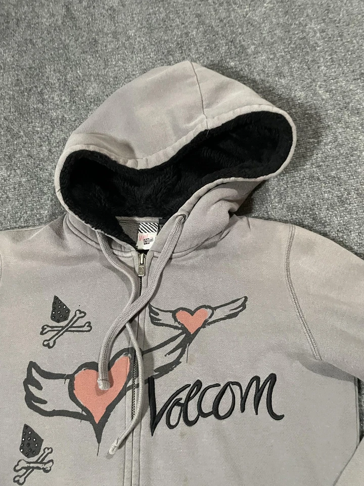 Volcom Hoodie Womens Medium Gray Zip Fleece Lined Heart Graphic Y2K skater - Image 3 of 4