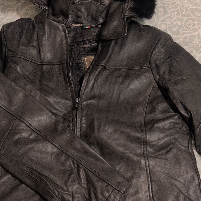 Knoles & Carter Women’s Black Leather Hooded Fur Trim Parka Coat S