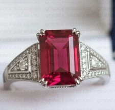 5Ct Emerald Cut Natural Red Ruby Gemstones Diamond Ring 18k White Gold Plated