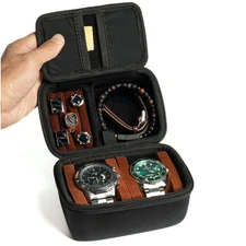 2 slots Watch travel case, with accessories compartment for rings cufflinks w...