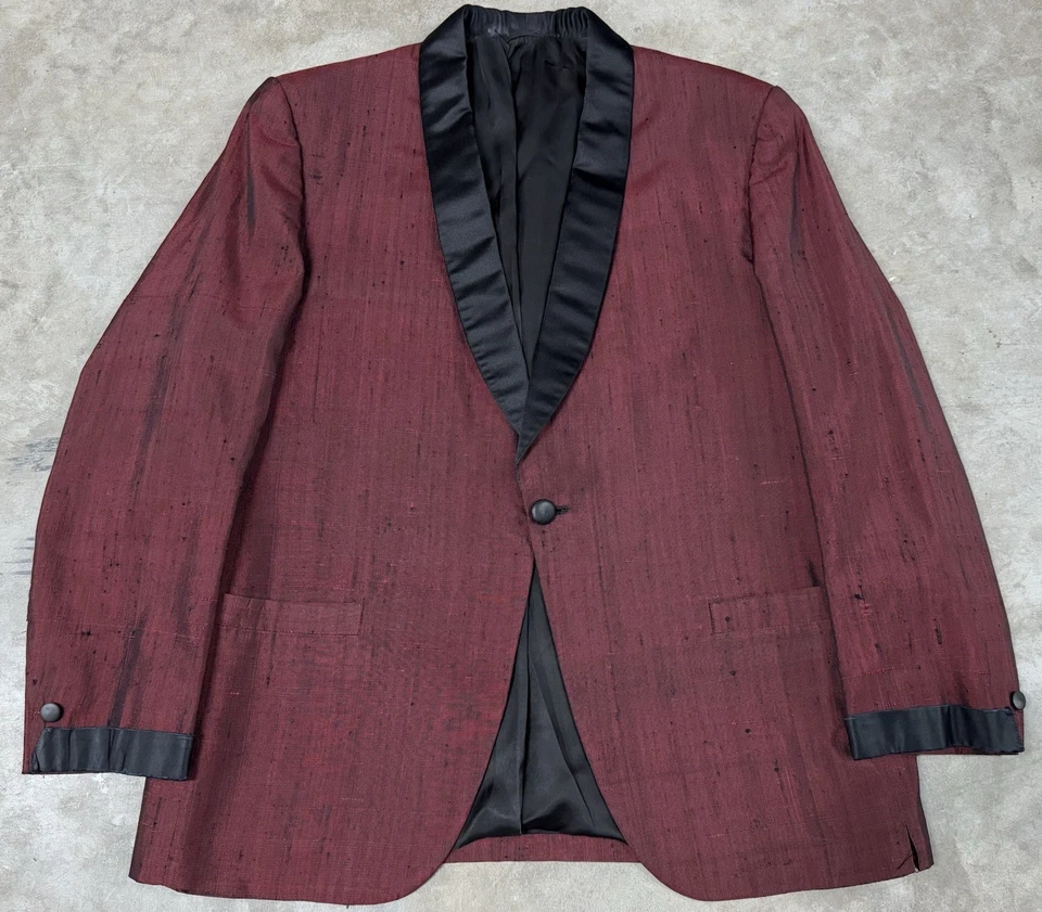 Vintage 60s Tuxedo Dinner Jacket Sharkskin Dupioni Fleck Rockabilly Shawl Red 40 - Image 2 of 4