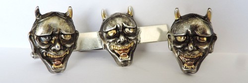 Finest Japanese Sterling Silver Mask Oni Noh Hannya Demon Tie Bar Cufflinks 24g