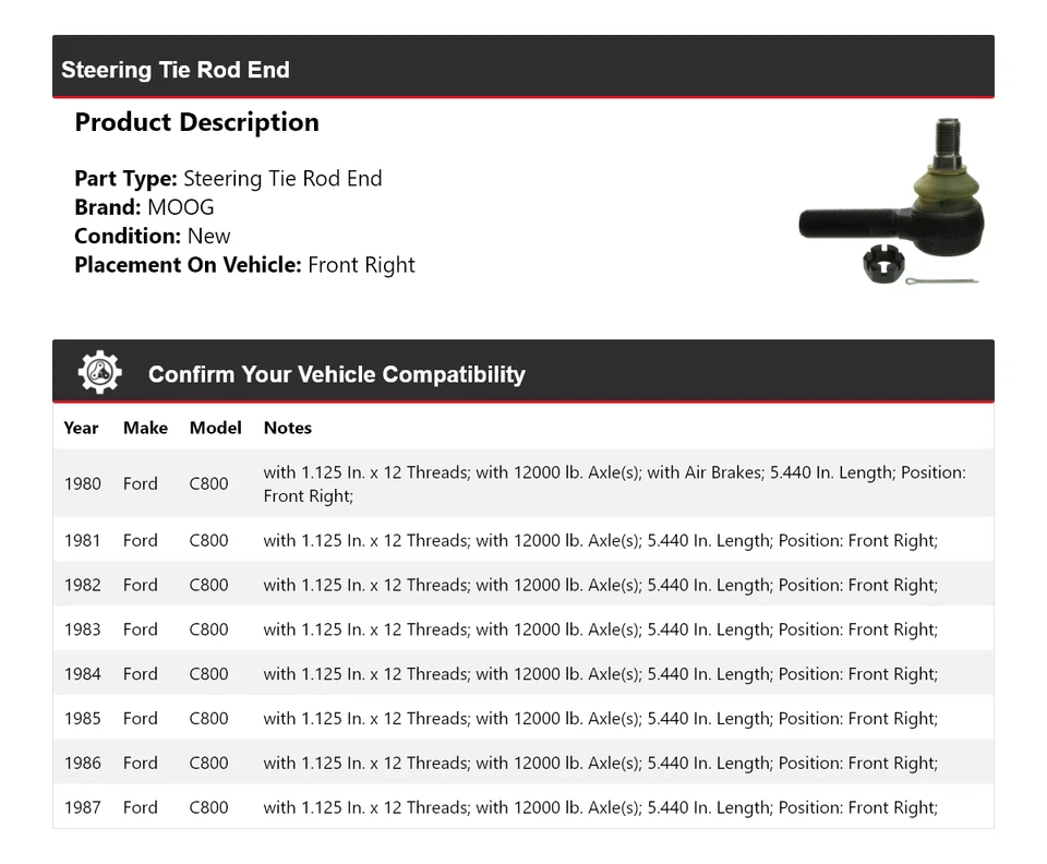 Barra de dirección delantera derecha MOOG 1980 1981 1982 para Ford C800 1980-1987 Foto 2 de 4