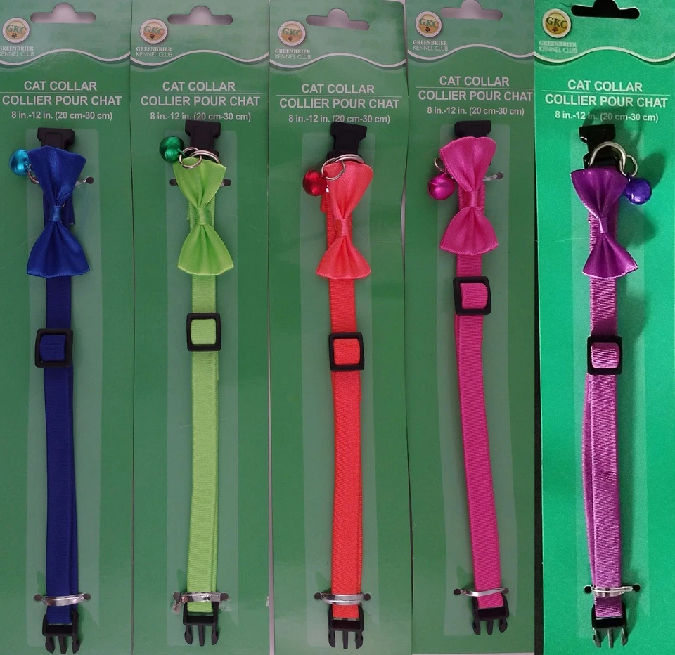 GREENBRIER KENNEL CLUB CAT COLLARS SPANDEX QUICK-RELEASE BUCKLE ADJUSTABLE BELL & BOW, SELECT: Color