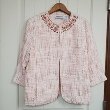 Alfred Dunner 8P Pink Jeweled Blazer Jacket Tweed 3/4 Sleeve Beaded Career Gold