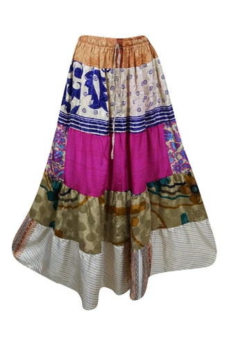 Women Long Skirt Recycle Silk BOHO Gypsy Hippie Flowy Beach Skirt S/M