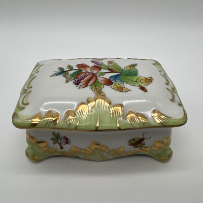 Herend Queen Victoria Gold Green Trinket Box Dish Lid Soap Cigarette Card  Case