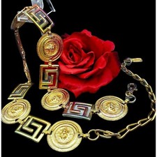 Vintage LION HEAD Greek Key BELT MEDALLION CHAIN Golden Tassel Runway 1980s