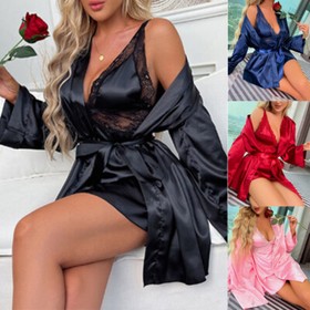 Women Sexy Kimono Bath Robe Satin Silky Lace Lingerie Sleepwear Gown Nightdress