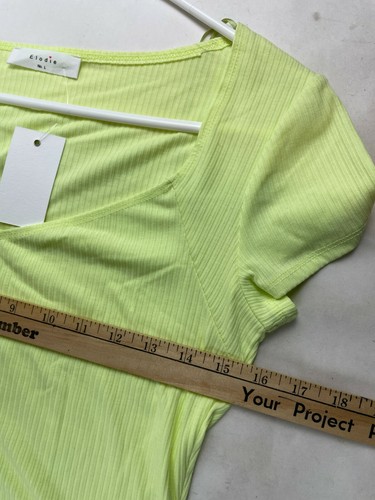 Elodie Thong Bodysuit Women's Size Large Neon Yellow Green Ribbed Cap Sleeve NWT - Picture 4 of 8