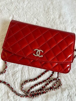 Chanel Patent Quilted Brilliant Wallet On Chain WOC in Red | eBay