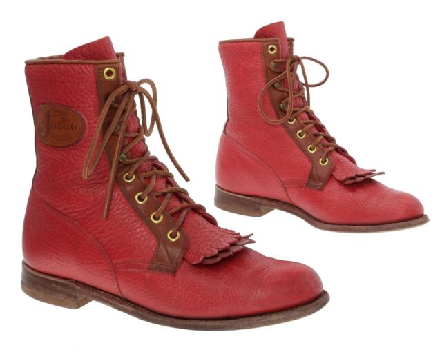JUSTIN Roper Boots 7 B Womens PACKER Cowboy Lace Up Bullhide Leather Granny Red | eBay