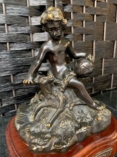 Antique Real Bronze Statue Sculpture Of Boy With Goat On Wooden Base , Named