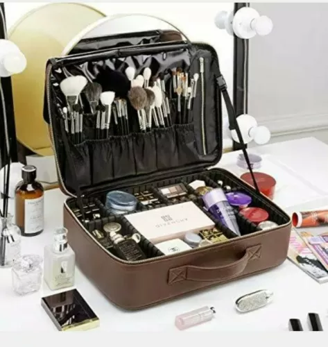 Rownyeon Rivet Makeup Train Case Cosmetic Bag Organizer with Brush Holder Com...