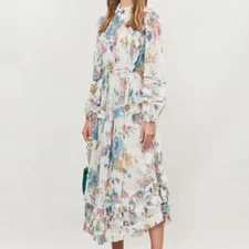 Zimmermann Ninety Six Linear Midi Dress Size 3 / 14 Au White Floral Ruffle
