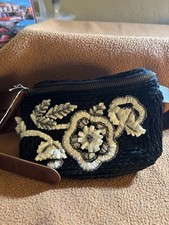 Anthropology Women s Black Floral Embroidered Belt Bag Zip Brown Strap Silver